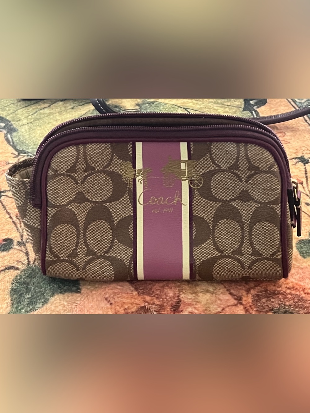 Coach Brown Canvas Wristlet with Plum Center Stripe
